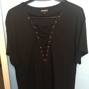 Deep V Lace Up Black Shirt